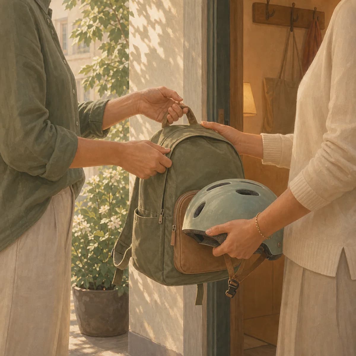A softly painted moment of one neighbor handing another a child's backpack and helmet
